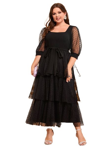 

plus contrast mesh puff sleeve layered hem belted dress 82vm#, Black