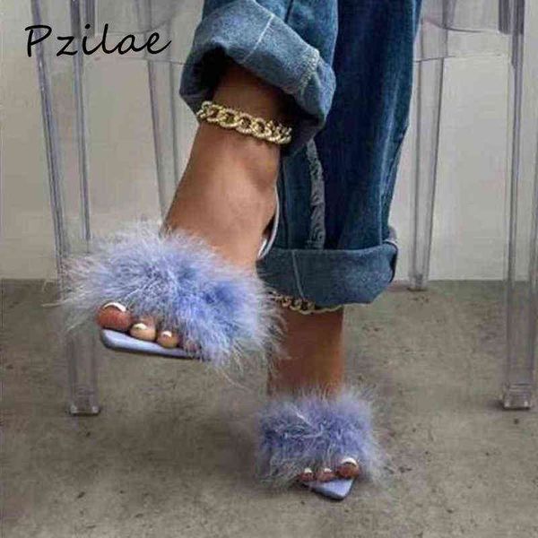 

sandals pzilae new purple women open toe feather design summer highheeled chain ladies wedding shoes zipper 220704, Black