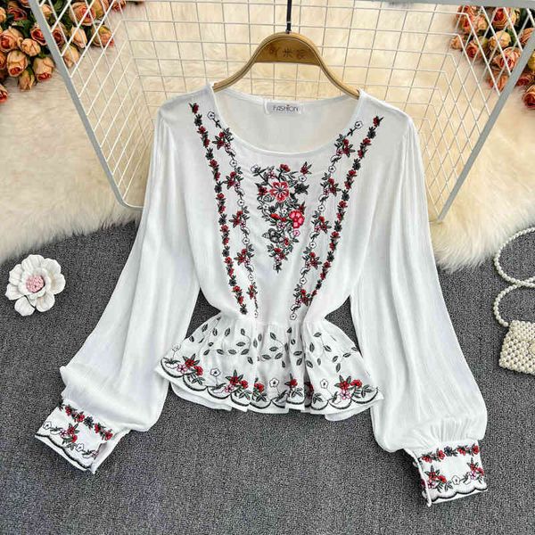 

women's blouses shirts ethnic style round neck shirt women's literary and artistic style loose cotton hemp embroidery ruffle edge, White