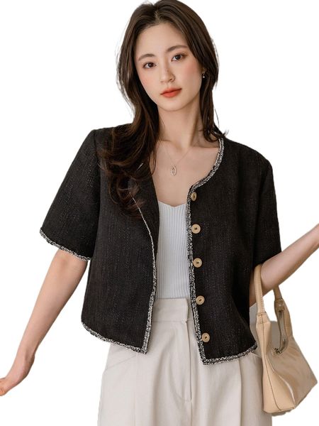 

dazy-less raw trim button front coat h2io#, Black