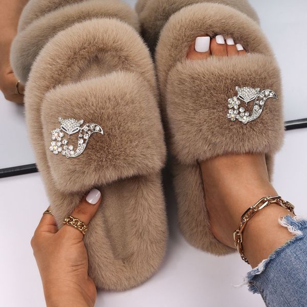 

slippers female fluffy flip flops cute fox decor faux fur platform slides fashion designer sandals outdoor slippers furry shoes, Black
