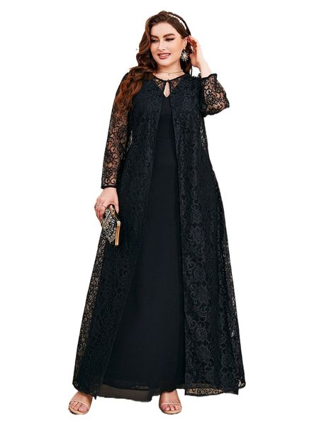 

plus solid tank dress & lace coat e8a1#, Black