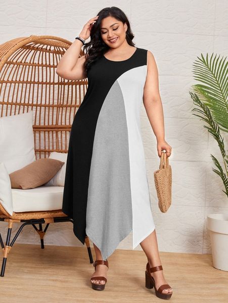 

emery rose plus asymmetrical hem colorblock tank dress w6bw#, Black