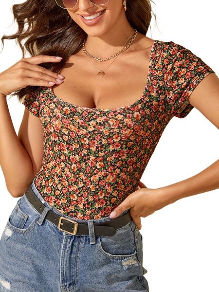 

scoop neck allover floral print tee 69le#, White