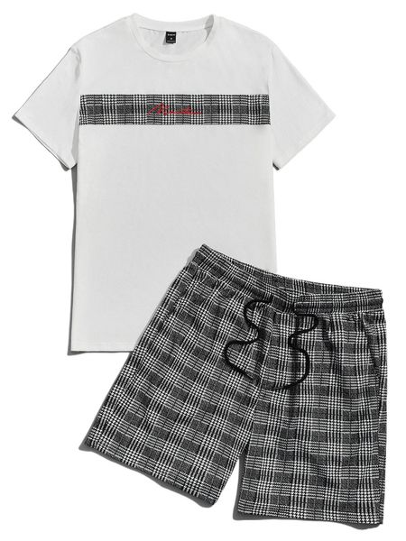 

men plaid tee & drawstring waist shorts k9bf#, Gray