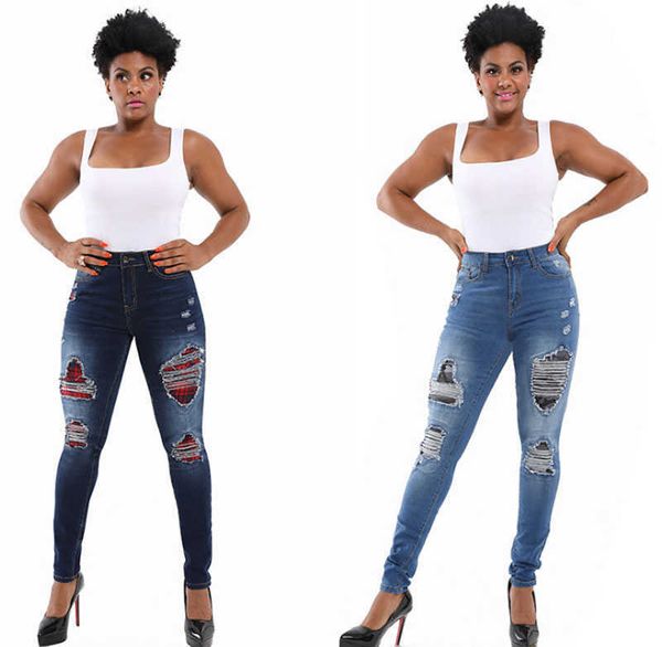 

jeans women casual hiphop patchwork slim ripped knee holes bleached scratched middle waist fit female trousers high quality, Blue