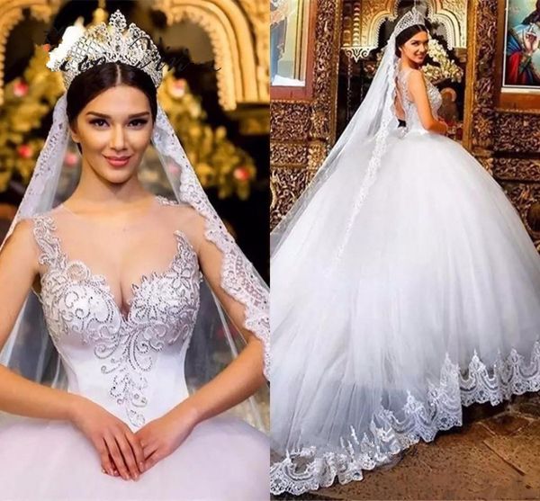 Sexy elegantes arabisches Hochzeitskleid 2022 neues schiere Hals-Pailletten-Spitze-Applikationen-Ballkleid-Tüll-Brautkleid mit Zug