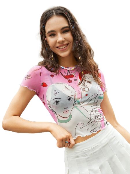 

x sornmi fruit & figure graphic lettuce trim mesh without bra 87oj#, White