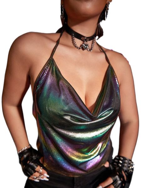 

plus holographic draped backless metallic halter n6s4#, Black