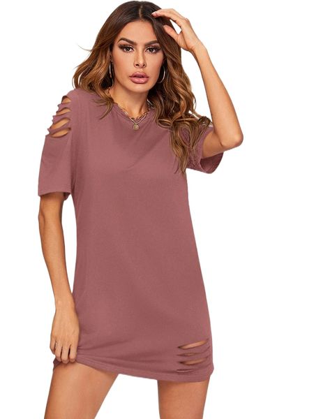 

ripped detail solid tee dress y1zp#, Black;gray