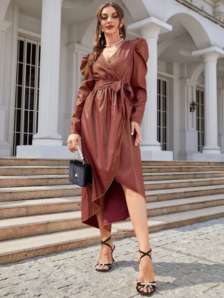 

contrast binding metallic belted dress e3pi#, Black;gray