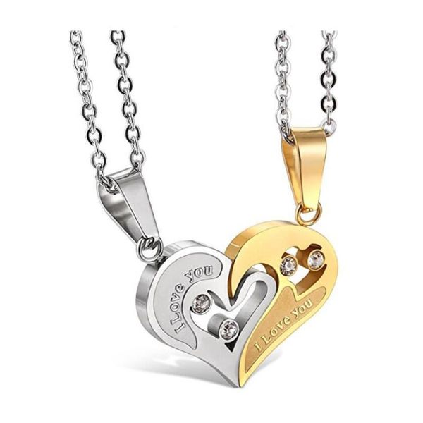 Collane con ciondolo Collana per coppia da uomo e da donna in acciaio inossidabile a due colori Ciondolo abbinato con puzzle CZ a forma di cuore d'amore