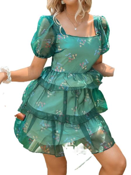 

random floral print puff sleeve square neck ruffle trim organza dress p4km#, Black;gray