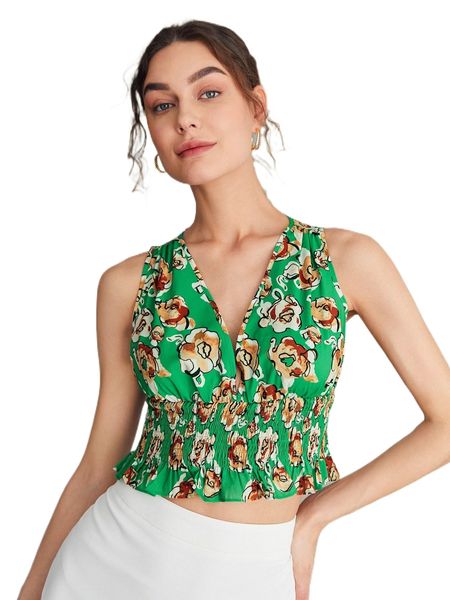 

allover print shirred ruffle hem wide strap 99jo#, White