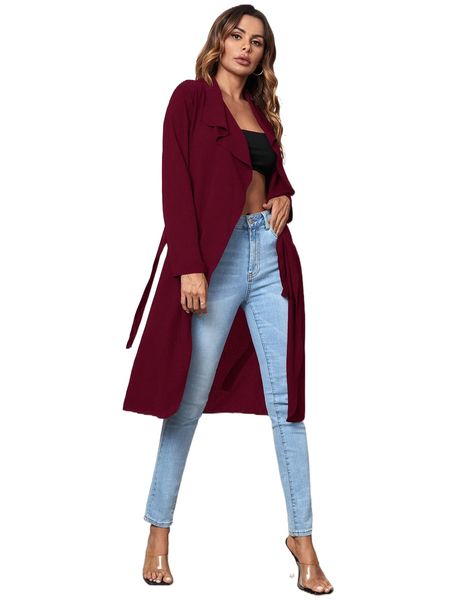 

waterfall collar belted coat v56s#, Black