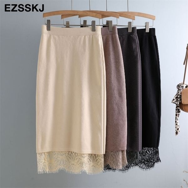 

casual aline long pencil sweater thick skirt female autumn winter midlength lace elegant bodycon skirt women 210306, Black