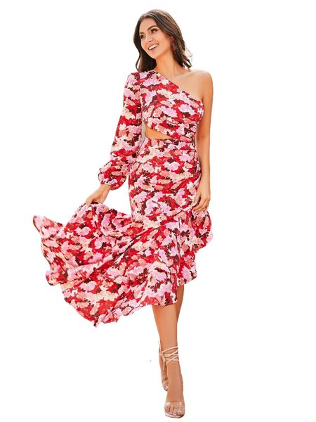 

love&lemonade floral print one shoulder cut out ruffle trim split thigh dress f06k#, Black;gray