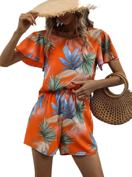 

plants print butterfly sleeve blouse and shorts e3te#, White