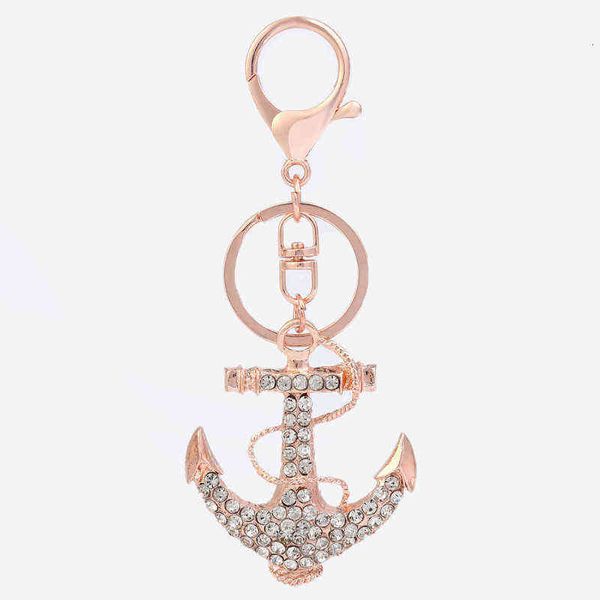 

cartoon metal straight diamond encrusted ship anchor key chain creative pirate personalized, Slivery;golden