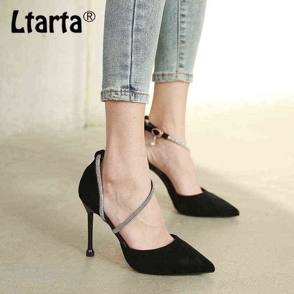 

sandals ltarta style women's shoes pointed toe stiletto heel suede hollow rhinestone buckle single shoes cwf 220318, Black