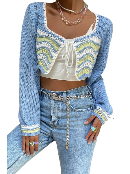 

striped pattern tie front pointelle knit crop cardigan 09qn#, White;black