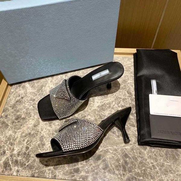 

2022 woman slippers heel shoe sandals beach slide quality shiny with diamonds slipper fashion special shaped heel scuffs casual shoes for, Black