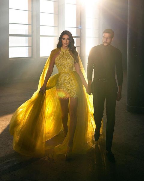 

high neck evening dresses bright yellow with wrap sleeveless long prom dress illusion bodice abendkleider formal occasion gown, Black;red