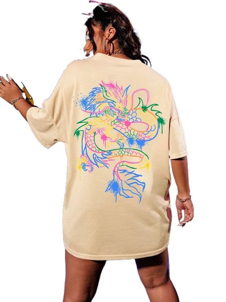 

plus chinese dragon graphic drop shoulder tee r836#, Black