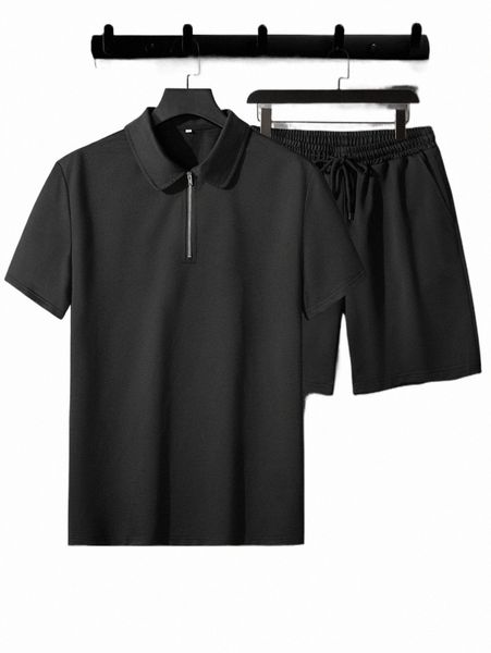 

men quarter zip polo shirt & drawstring waist shorts p2dt#, Gray