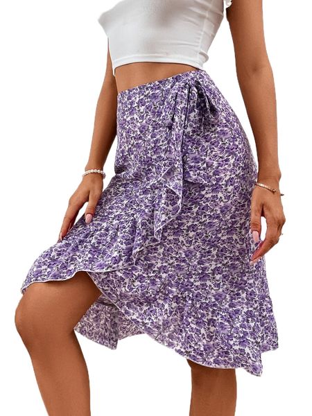 

ditsy floral print knot side wrap skirt 68oj#, Black