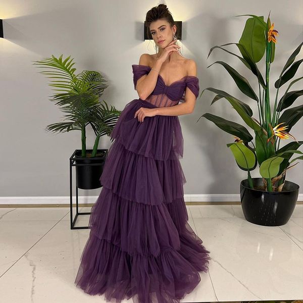 

grape tiered skirt prom dresses off the shoulder pleats long evening gowns women formal party, Black