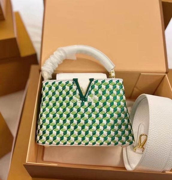 

classic cattlehide totes women weave metal logo elegance leisure handbag fashion retro green check shoulder bag messenger purse wallet