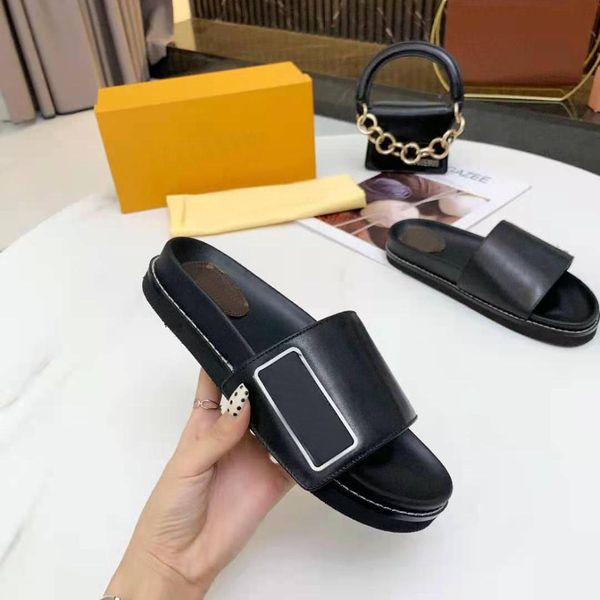 

2021 designers waterfront women sandals summer cafskin slippers with box cost-effective slides thick flip flops luxurys fashion wide fla ajh, Black