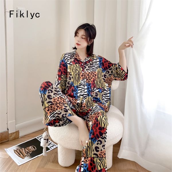 Calças de manga comprida fiklyc impressas Mulheres pijamas conjuntos de moda gelo underwear cetim pijama bohemia estilo camiseta 220329