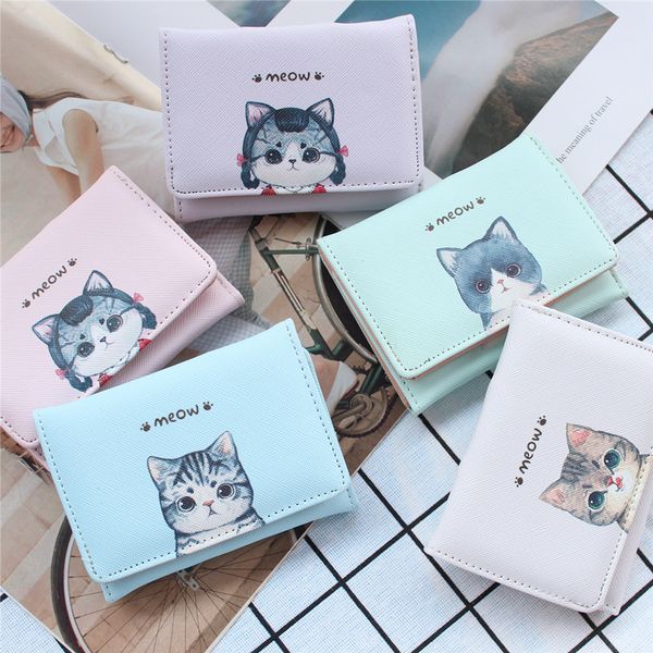 

kawaii cat women short wallet tri-fold cute cartoon print student small wallet pu leather id credit card holder girl mini purses, Red;black