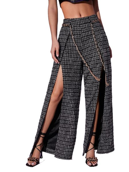 

plaid graphic split thigh tweed pants e0on#, Black;white