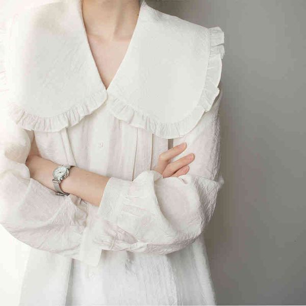 

women's polos doll large lapel crimp texture shirt shows a small face ~ women's blouse loose age reduction 2022ss and simple 2c8h, White