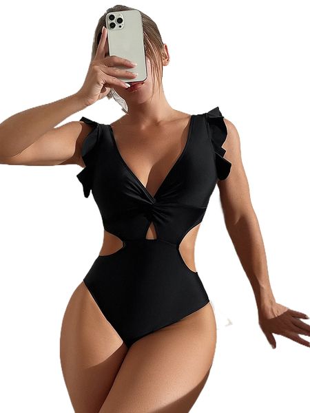 

plain frill trim one piece swimsuit t5uy#, White;black