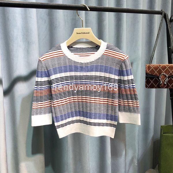 

women's knits & tees early spring heavy industry blue white rainbow stripe short sleeved sweater embroidered letter t-shirt women'