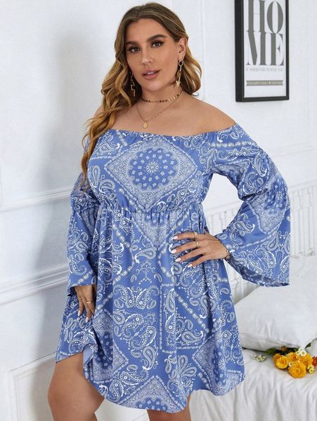 

plus paisley print off shoulder flounce sleeve dress y07a#, Black