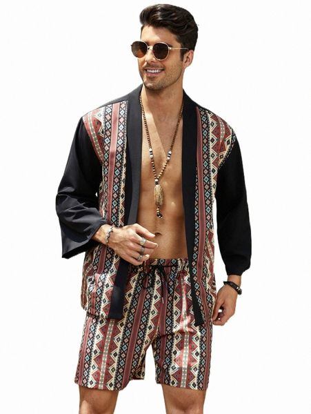 

men geo print kimono & shorts u60l#, Gray