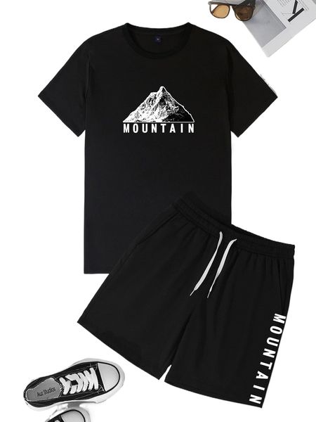 

men mountain & letter graphic tee & drawstring waist shorts 51dj#, Gray
