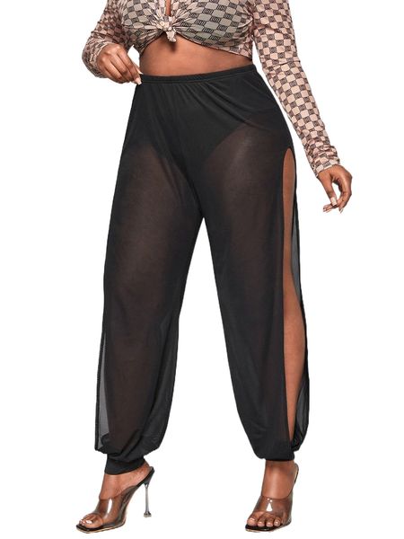 

sxy plus cut out panty lined mesh pants 62lk#, Black