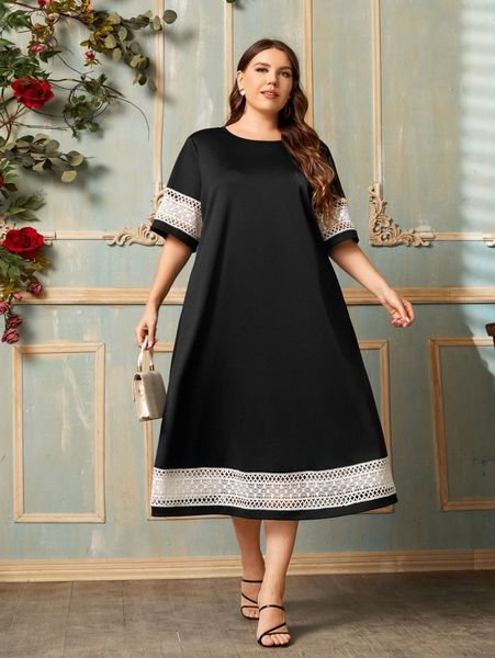 

plus contrast lace colorblock dress 90xl#, Black