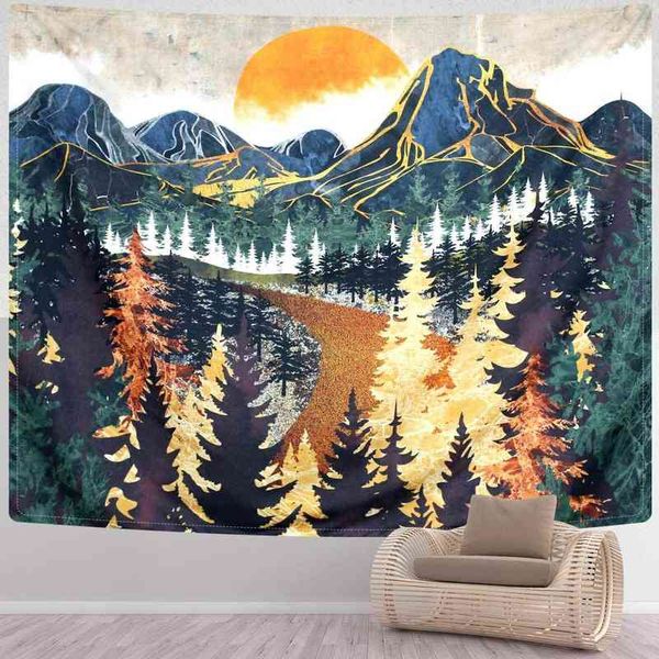 Tapestry Mountain Carpet Wall Holding Forest Trees Art Sunset Tapestry Road em