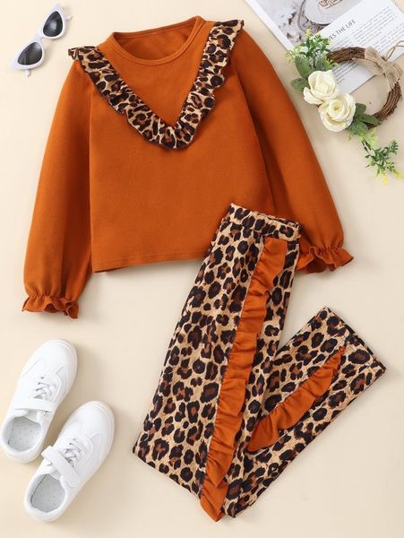 

girls leopard print ruffle trim flounce sleeve tee & pants she, White