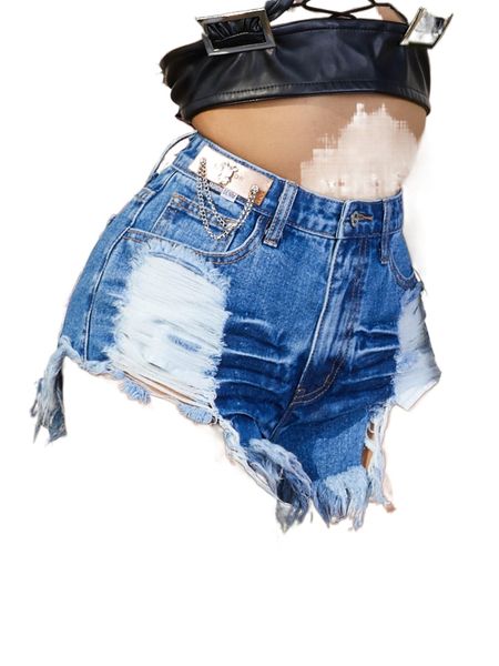 

patched chain detail ripped raw hem denim shorts 134y#, White;black
