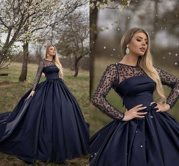 2022 Princess Navy Blue baile vestidos de mangas compridas pérolas Empire cintura decote de barco Quinceanera Dress A-line Sweet 16 vestidos de noite formal