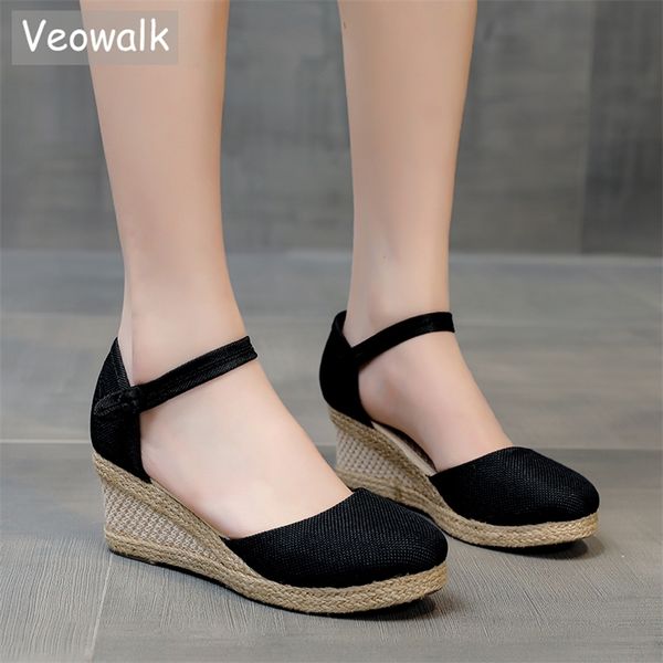 

veowalk summer women linen plain 6cm wedge sandals bohemian handmade ladies casual comfortable espadrilles platform pumps shoes 220326, Black