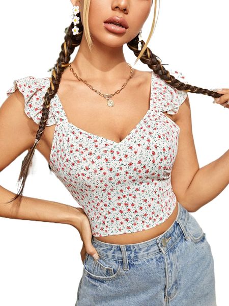 

ditsy floral ruffle armhole tie backless crop b2wo#, White